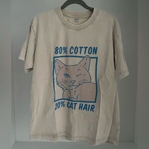 Cat Graphic T-Shirt in Tan and Blue